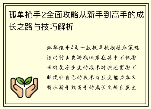 孤单枪手2全面攻略从新手到高手的成长之路与技巧解析